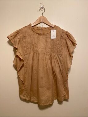 Earth Music & Ecology Tan Pintuck Ruffle Sleeve Cotton Blouse. New.